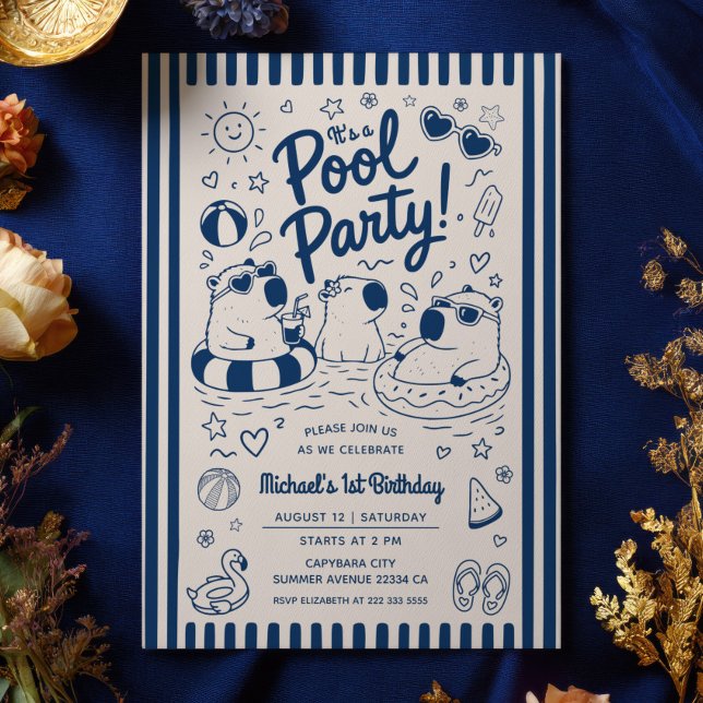 Navy Blue Capybara Pool Bash 1st Birthday Party  Invitation (Creator Uploaded)