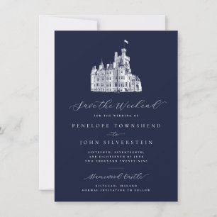 Navy Blue Castle Illustration Weekend Wedding Save The Date