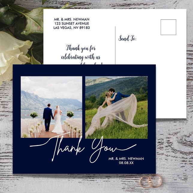 Navy Blue Casual Script Photo Wedding Thank You Postcard (Creator Uploaded)