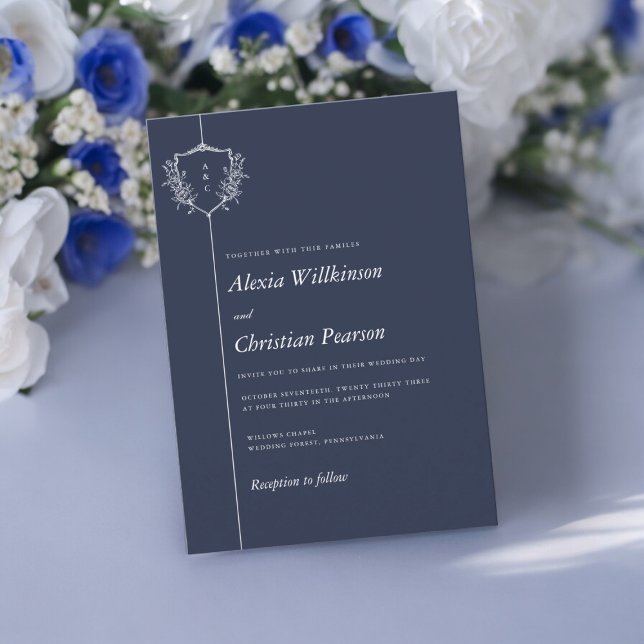 Navy Blue casual white crest wedding Invitation (casual text navy blue wedding invitation , minimalistic , tie the knot in style )