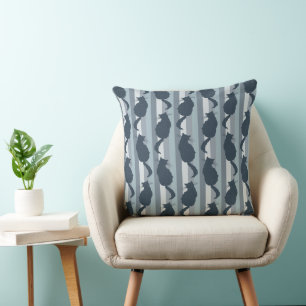 Navy Blue Cat Silhouette Pattern with Stripes Cushion