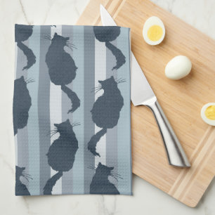 Navy Blue Cat Silhouette Pattern with Stripes Tea Towel