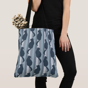 Navy Blue Cat Silhouette Pattern with Stripes Tote Bag