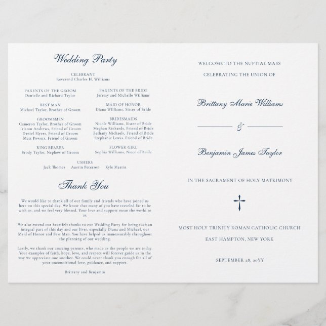 Navy Blue Catholic Wedding Mass Ceremony Program (Front)
