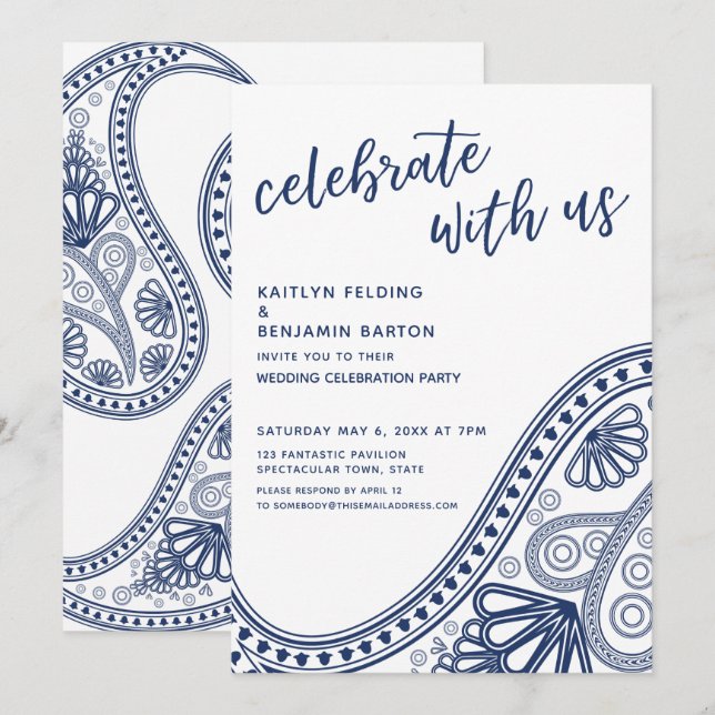 Navy Blue Celebrate with Us Paisley Reception-Only Invitation (Front/Back)