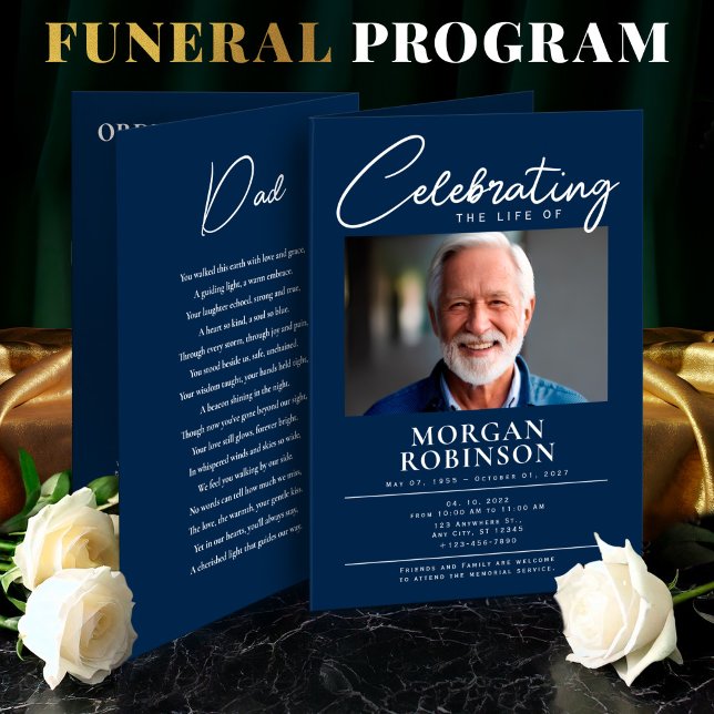 Navy Blue Celebration of Life Photo Funeral  Program (Elegant Funeral Program Foldable – Celebration of Life,Obituary,Photo Collage, Order  of Service)