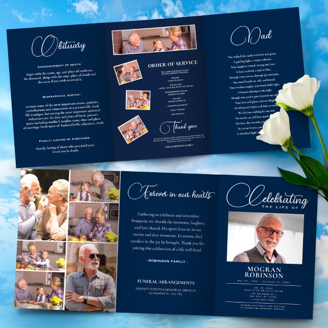 Navy Blue Celebration of Life Photo Funeral  Tri-Fold Programme (Elegant Funeral Program Template Foldable – Celebration of Life,Obituary,Photo Collage, Order)