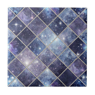 Navy Blue Celestial Diamond Lattice Star Ceramic Tile
