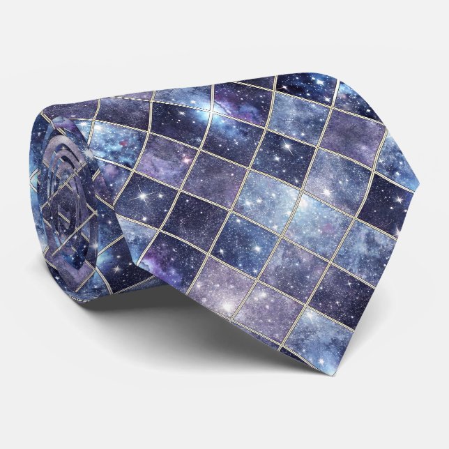 Navy Blue Celestial Diamond Lattice Star Tie (Rolled)