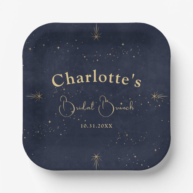 Navy Blue Celestial Moon Tarot Bridal Shower Paper Plate (Front)