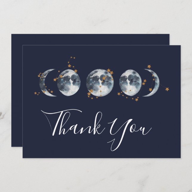 Navy Blue Celestial Starry Moon Phase Thank You Card (Front/Back)