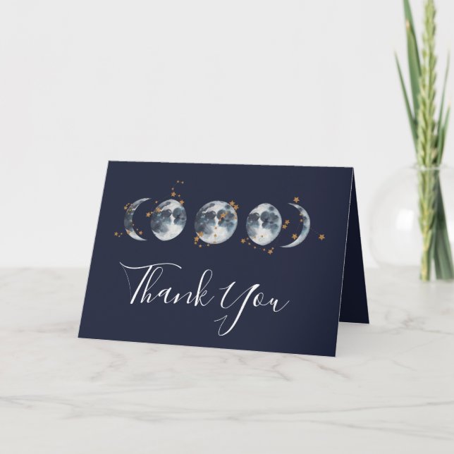 Navy Blue Celestial Starry Moon Phase Thank You Card (Front)