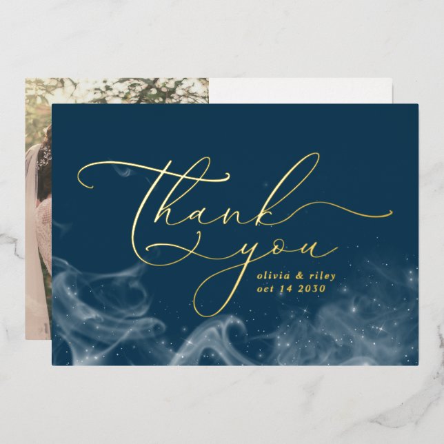 Navy Blue Celestial Stars Thank You Weddng Photo  Foil Holiday Card (Front/Back)