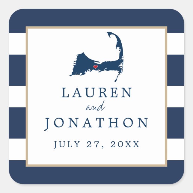 Navy Blue Centerville Cape Cod Map Wedding Favour Square Sticker (Front)