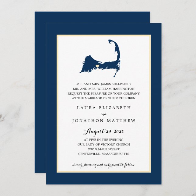 Navy Blue Centerville Cape Cod Map Wedding Invitation (Front/Back)