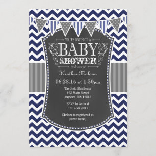 Navy Blue Chalkboard Chevron Baby Shower Invite