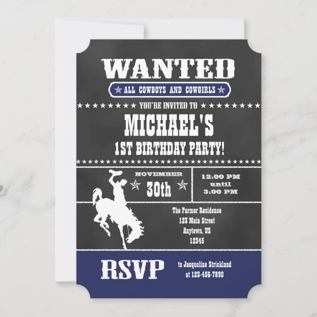 Navy Blue Chalkboard Cowboy Birthday Invitation (Front)