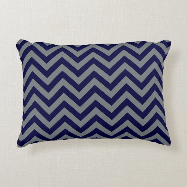 Navy Blue, Charcoal Large Chevron ZigZag Pattern Decorative Cushion (Front)
