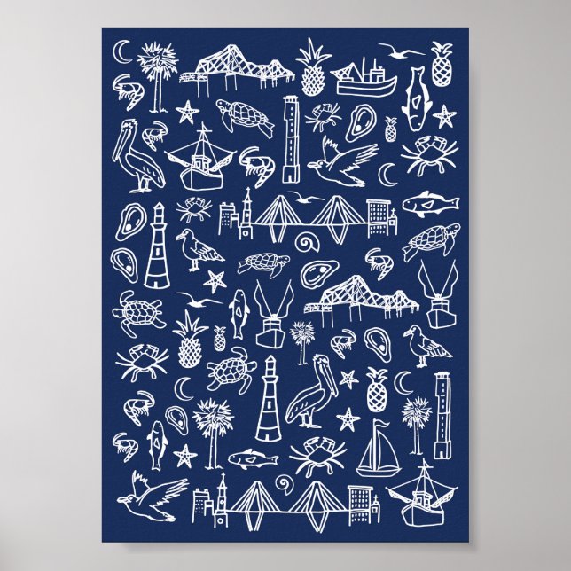 Navy Blue Charleston Toile Mini Poster (Front)