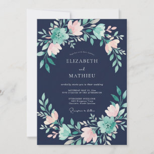 Navy Blue Charming Floral Wedding Invitation