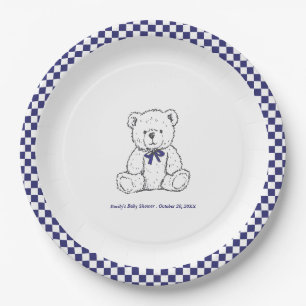 Navy Blue Checkered Teddy Bear-Our Little Cub Paper Plate