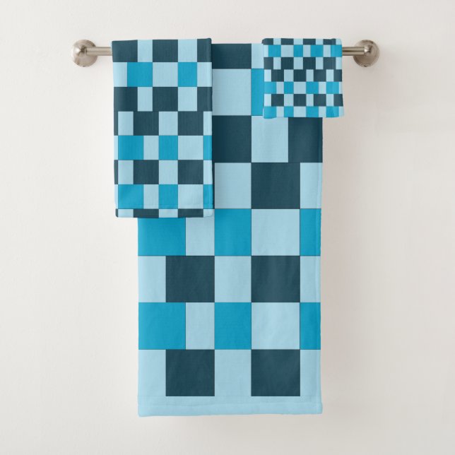 Navy Blue Checkers Chequered Bath Towel Set (Insitu)