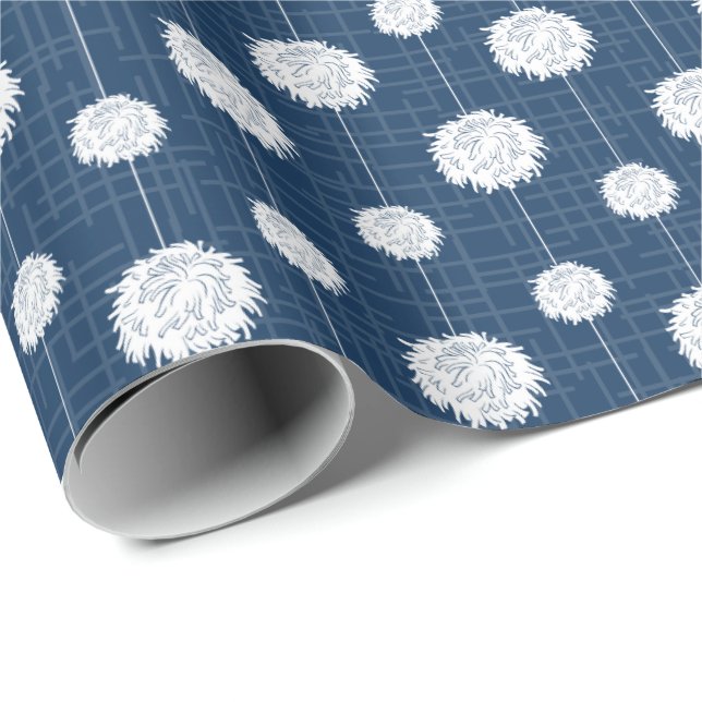 Navy Blue Cheerleader Pom Pom Pattern Wrapping Paper (Roll Corner)