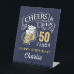 Navy Blue Cheers And Beers Any Age Birthday Pedestal Sign<br><div class="desc">Stylish cheers and beers to 50 years typography design in navy blue,  yellow and white,  custom it with your own text,  fun and unique,  great for any age adult birthday party for men,  or anniversary party for any occasion.</div>