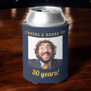 Navy Blue Cheers & Beers Milestone Birthday Photo  Can Cooler