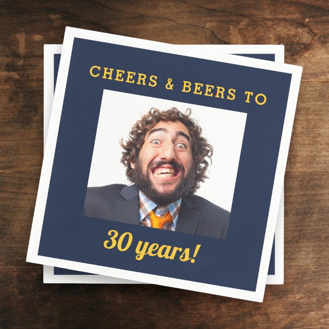 Navy Blue Cheers & Beers Milestone Birthday Photo Napkin (Creator Uploaded)