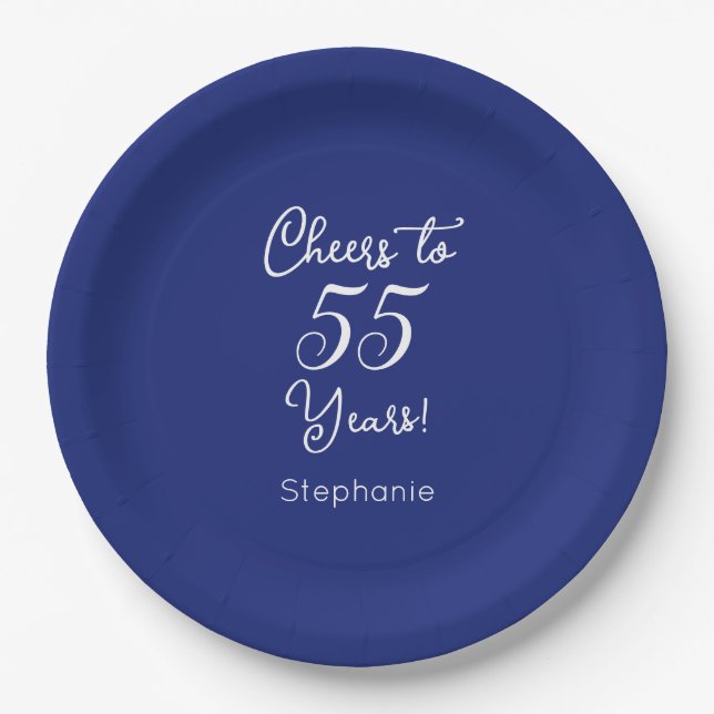 Navy Blue Cheers to 55 Years 55th Birthday Paper Plate (Front)