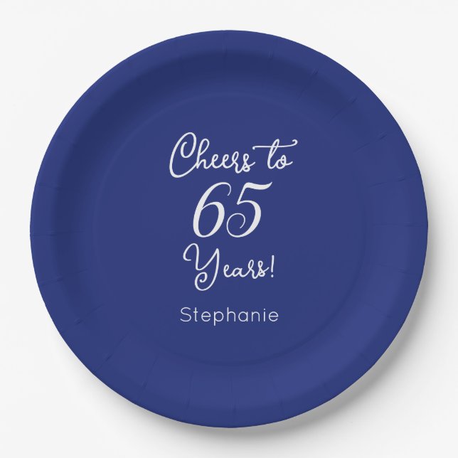 Navy Blue Cheers to 65 Years 65th Birthday Paper Plate (Front)