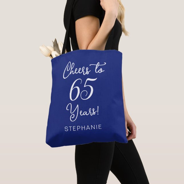 Navy Blue Cheers to 65 Years 65th Birthday Party Tote Bag (Close Up)