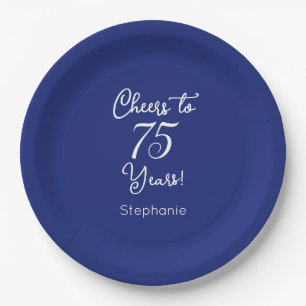Navy Blue Cheers to 75 Years 75th Birthday Paper Plate