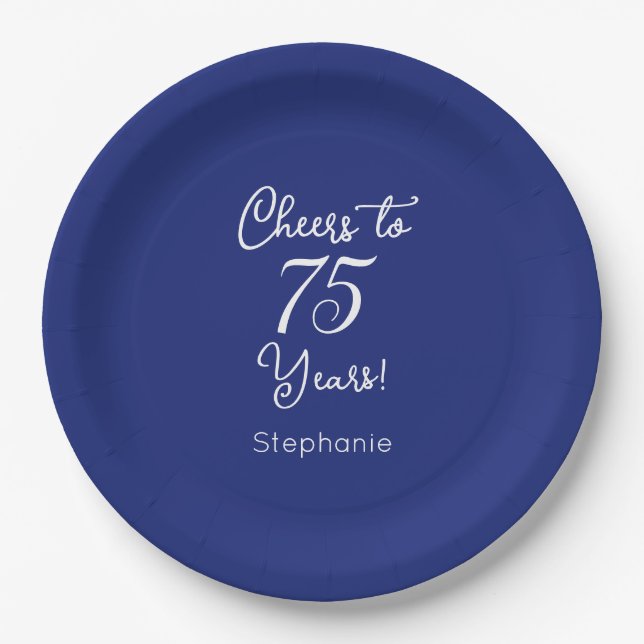 Navy Blue Cheers to 75 Years 75th Birthday Paper Plate (Front)