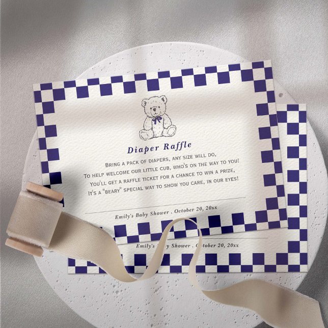 Navy Blue chequered Our Little Cub Diaper Raffle Enclosure Card (Navy Checkered Baby Shower Diaper Raffle cards. Teddy Bear-Our Little Cub themed baby shower.)