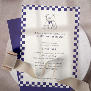 Navy Blue Chequered - Teddy Bear - Our Little Cub Invitation