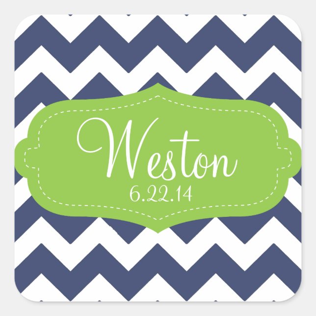 Navy blue chevron and green. Monogram Square Sticker (Front)