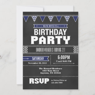 Navy Blue Chevron Chalkboard Birthday Invitation