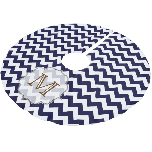 Navy Blue Chevron Monogram Initial Tree Skirt (Angled)