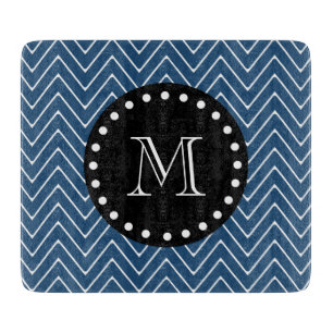 Navy Blue Chevron Pattern   Black Monogram Cutting Board