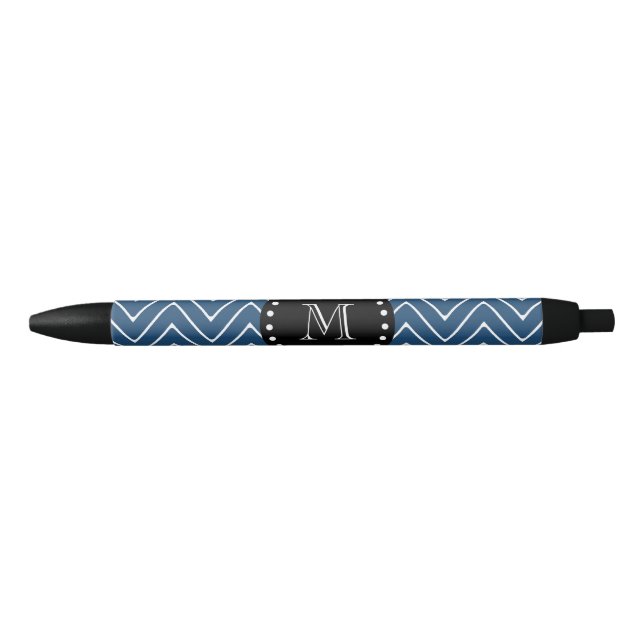 Navy Blue Chevron Pattern | Black Monogram Ink Pen (Front)