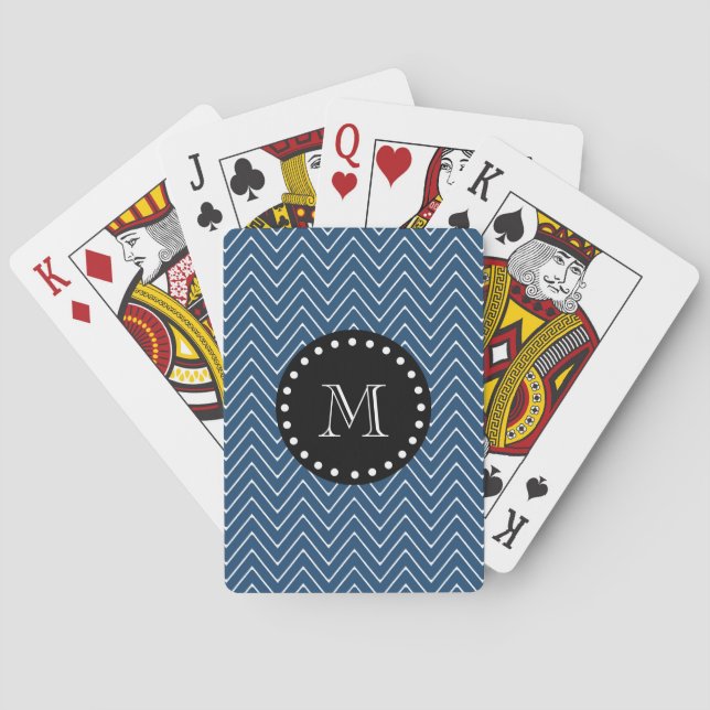 Navy Blue Chevron Pattern | Black Monogram Playing Cards (Back)