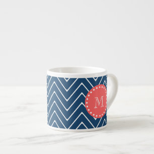 Navy Blue Chevron Pattern Coral Monogram Espresso Cup