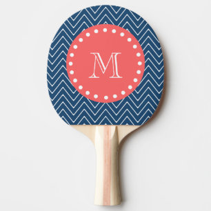 Navy Blue Chevron Pattern Coral Monogram Ping Pong Paddle