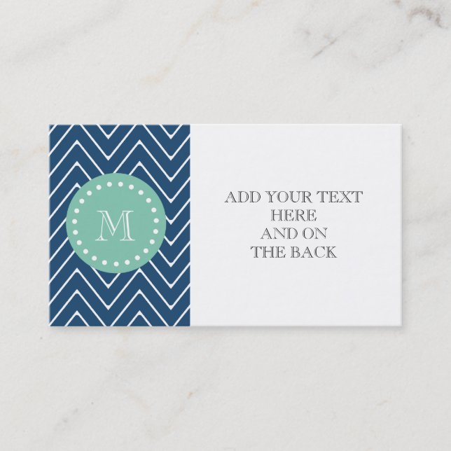 Navy Blue Chevron Pattern | Mint Green Monogram Business Card (Front)