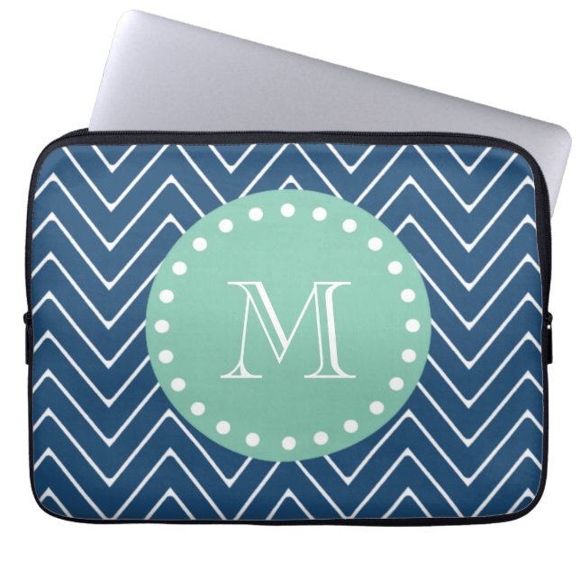 Navy Blue Chevron Pattern | Mint Green Monogram Laptop Sleeve (Front)