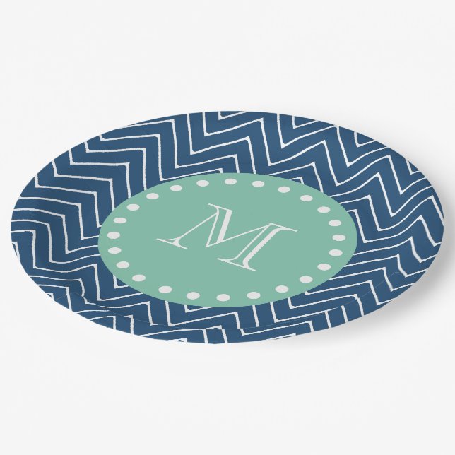 Navy Blue Chevron Pattern | Mint Green Monogram Paper Plate (Angled)