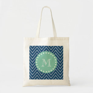 Navy Blue Chevron Pattern Mint Green Monogram Tote Bag