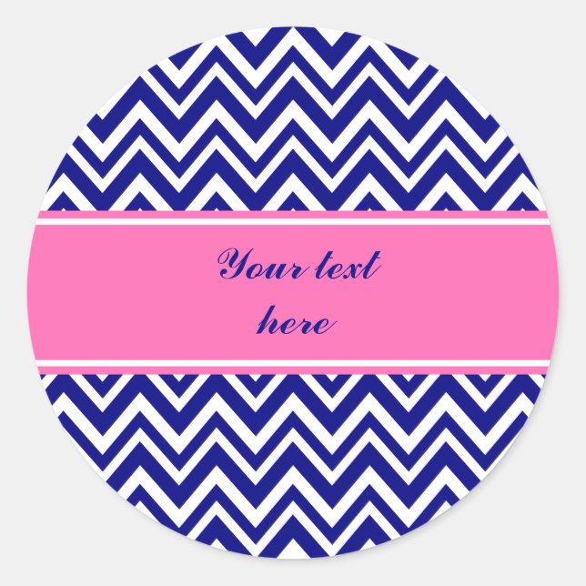 Navy Blue Chevron Pattern with Hot Pink Classic Round Sticker (Front)